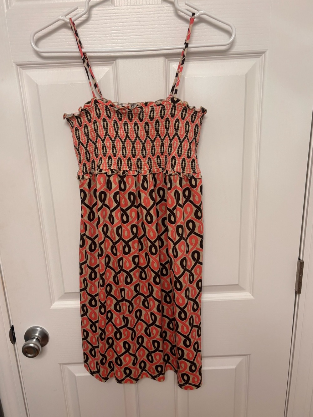 Juicy Couture Coral, Black & Cream Smocked Midi Dress with Spaghetti Straps